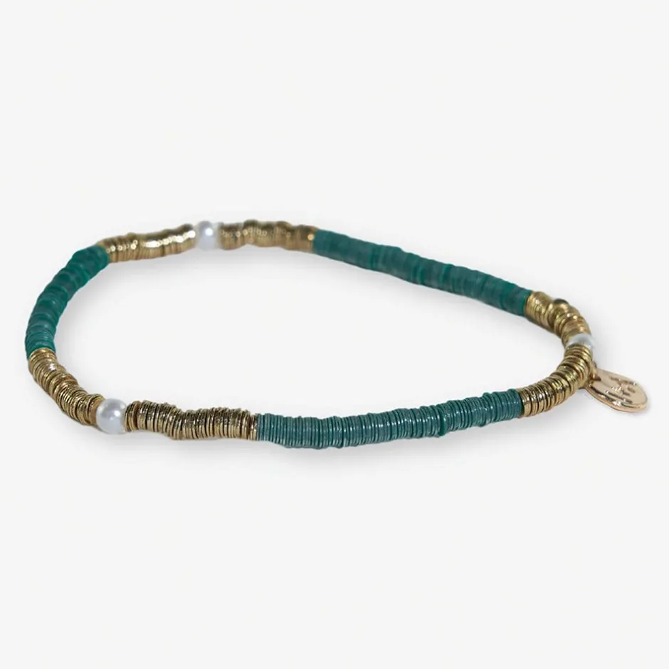 INK + ALLOY Rory Solid Color With Gold And Pearls Small Sequin Stretch Bracelet Emerald