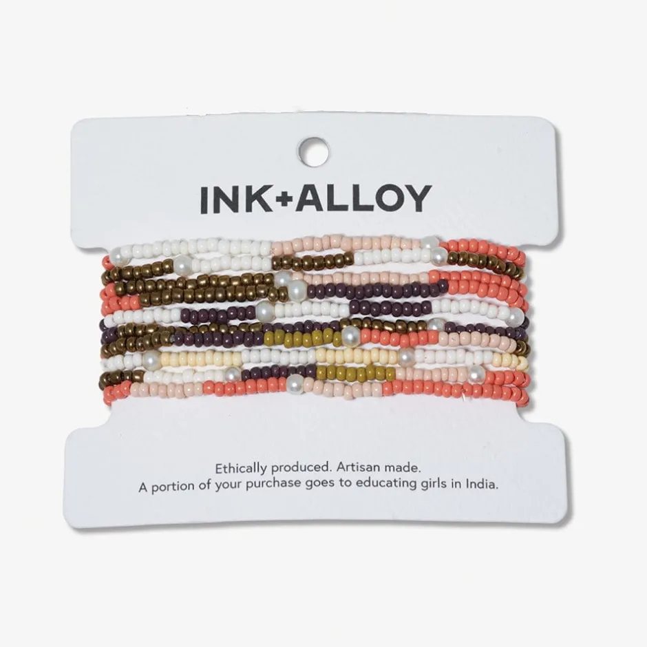INK + ALLOY Sage Mixed Colorblocks With Pearls Beaded 10 Strand Stretch Bracelet Set Jaipur