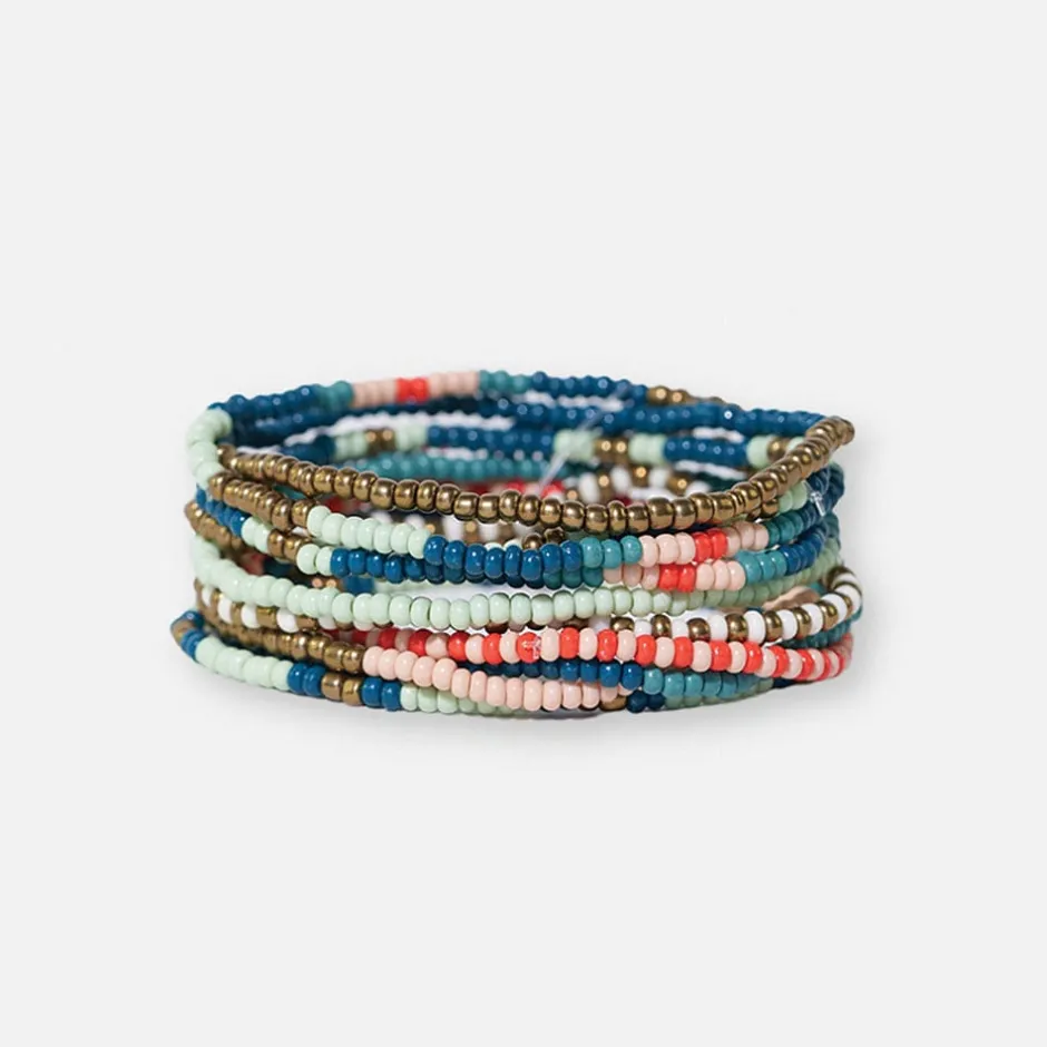 INK + ALLOY Sage Mixed Stripe Beaded 10 Strand Stretch Bracelet Set Teal + Poppy