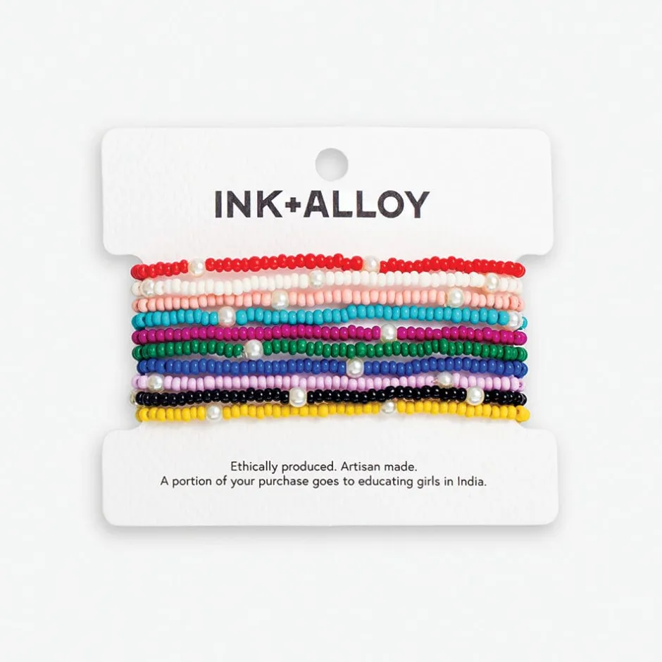 INK + ALLOY Sage Solid With Pearls 10 Strand Stretch Bracelet Set Rainbow