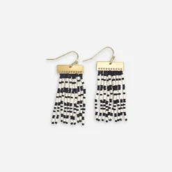 INK + ALLOY Scout Rectangle Hanger Mixed Horizontal Stripes Beaded Fringe Earrings Black and White