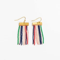 INK + ALLOY Scout Rectangle Hanger Solid Vertical Stripes Beaded Fringe Earrings St. Tropez