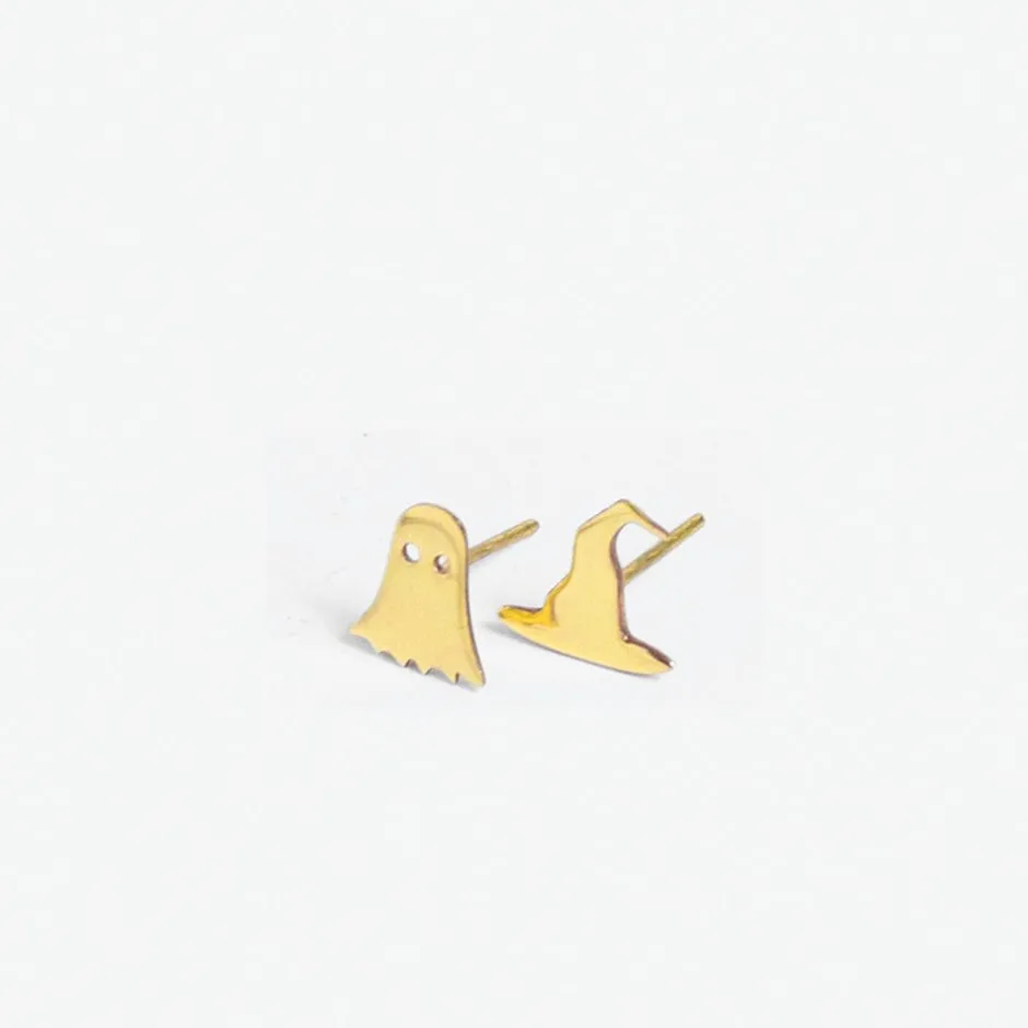INK + ALLOY Tabitha Ghost and Witch Hat Mismatched Halloween Post Earrings 18k Gold