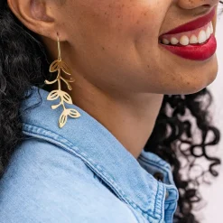INK + ALLOY Vera Abstract Leaves Botanical Threader Earrings Brass